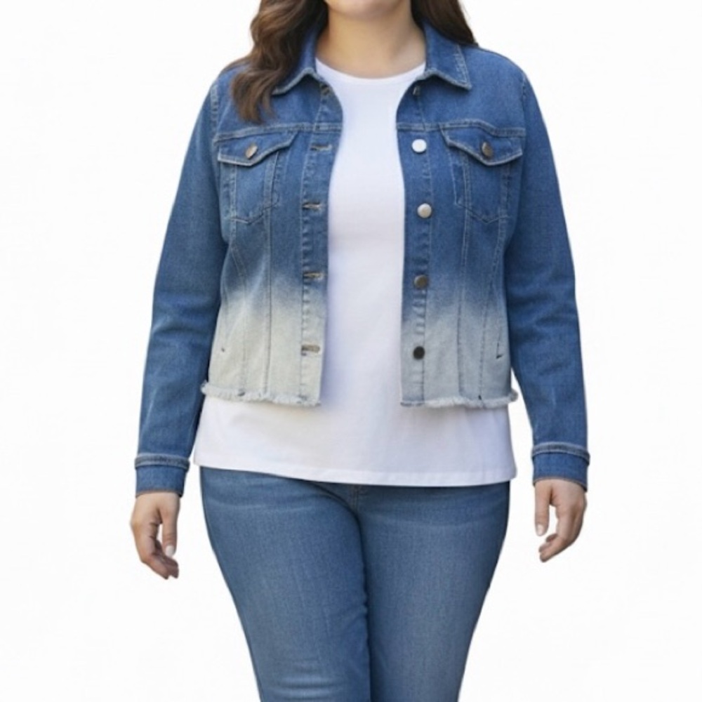 Y2K Lane Bryant PLUS Size 18 Ombre Dip Dye Cropped Denim Jean Jacket Frayed Hem
